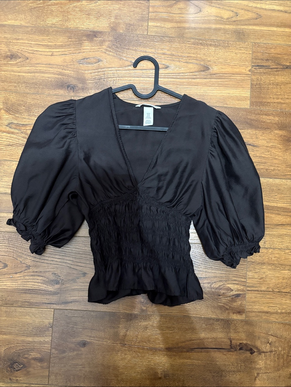 H&M Black V-Neck Puff Sleeve Smocked Waist Blouse